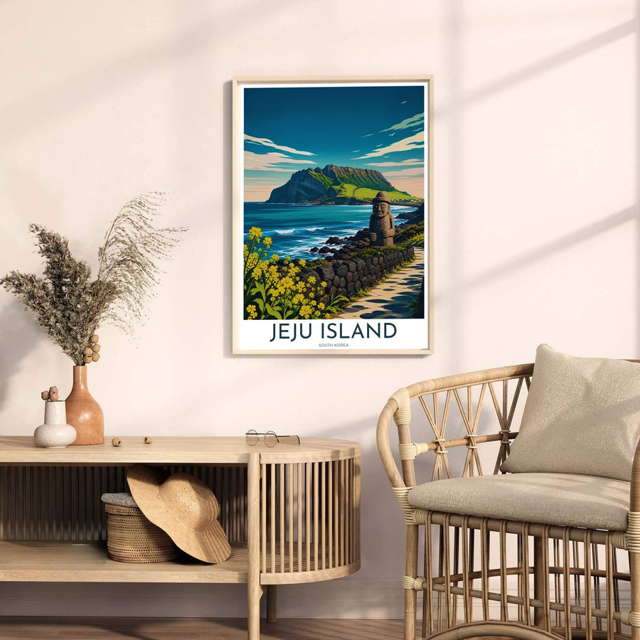 Modern vintage travel print with clean white borders and crisp typography reading JEJU ISLAND SOUTH KOREA below an artistic vector illustration of Seongsan Ilchulbong. Offered by MapYourDreams, this artwork is available in flexible options including unframed paper, custom wooden frames, and gallery canvas wraps.