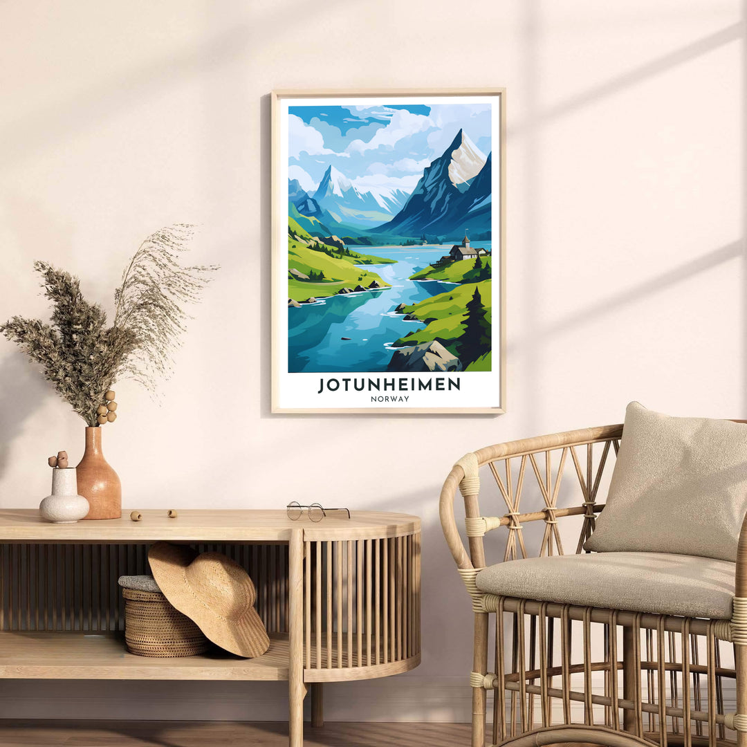 Atmospheric artistic depiction of Jotunheimen Norway capturing the grand scale of Northern European mountain ranges and valley waters. Upgrade your living space styling with this travel artwork available across several physical formats such as unframed paper prints, protective framed designs, and gallery wrap canvas prints.