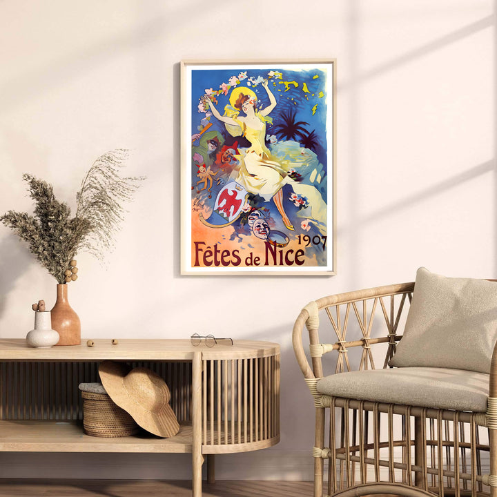 Vintage European graphic print Fêtes De Nice with floating confetti by artist Jules Chéret set in Nice France on the French Riviera. MapYourDreams offers versatile framed, unframed, and canvas print wall decor formats.