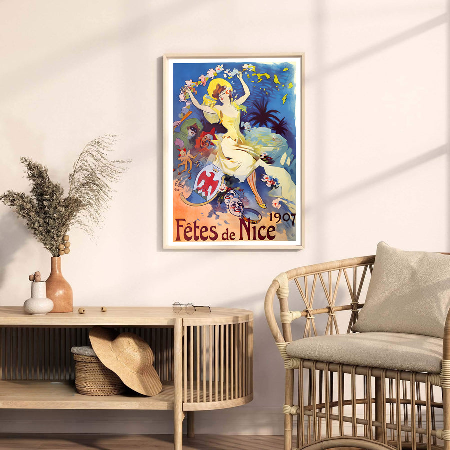 Vintage European graphic print Fêtes De Nice with floating confetti by artist Jules Chéret set in Nice France on the French Riviera. MapYourDreams offers versatile framed, unframed, and canvas print wall decor formats.