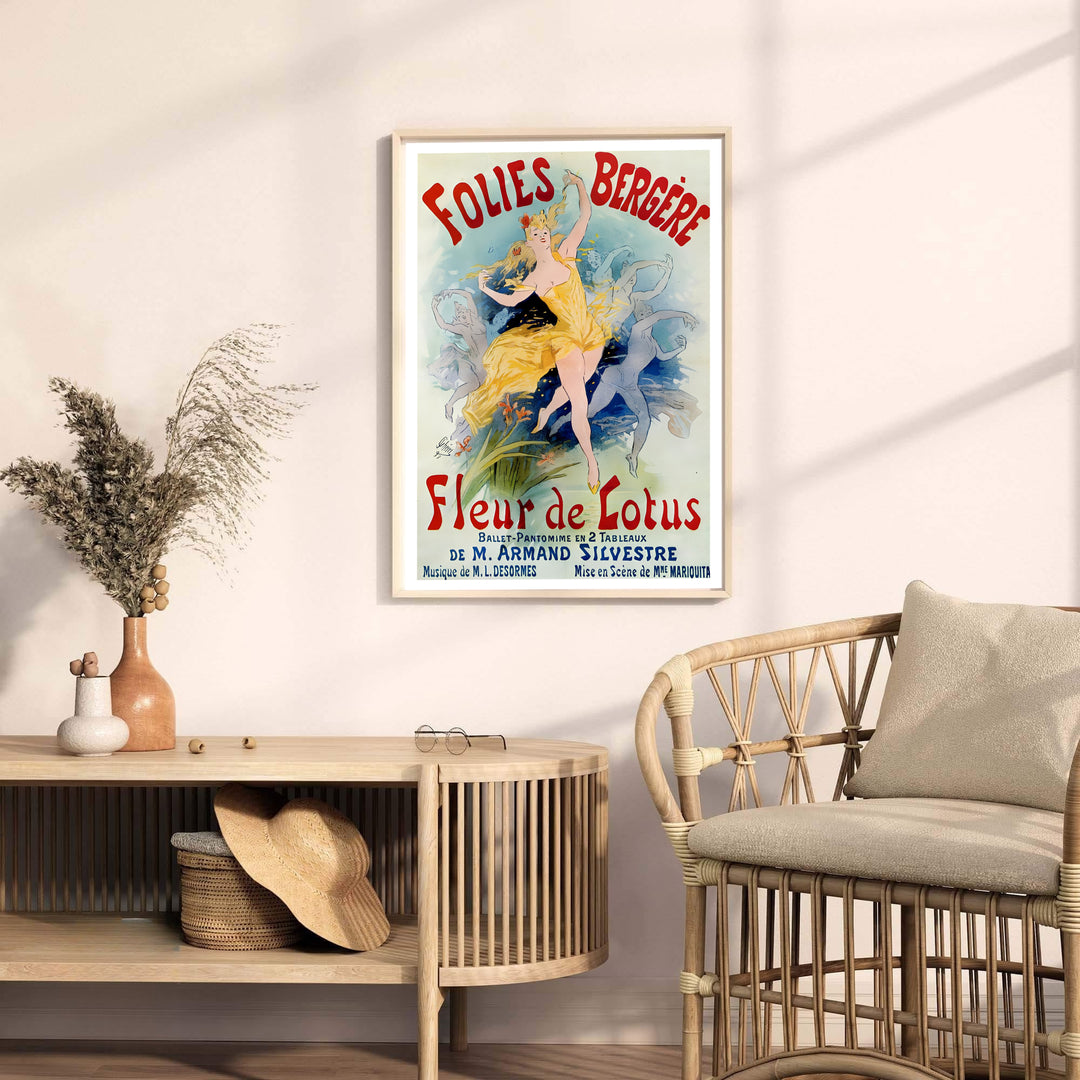Parisian cabaret poster print Folies Bergère Fleur De Lotus by artist Jules Chéret displaying bold vintage theater typography in Paris France. MapYourDreams provides premium framed, unframed, and canvas prints.