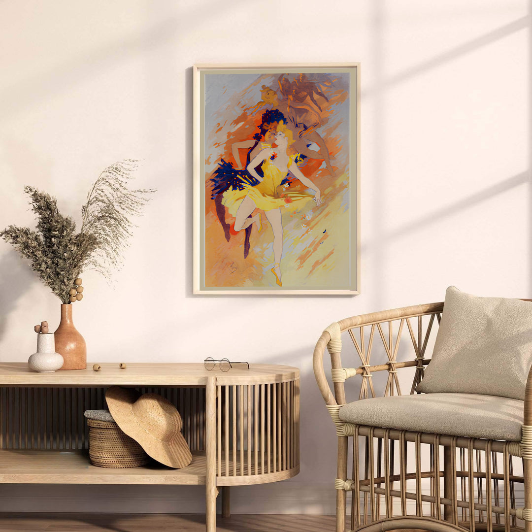 Vintage European graphic print La Danse with Impressionist background brushwork by artist Jules Chéret set in Paris France. MapYourDreams offers versatile framed, unframed, and canvas print wall decor formats.