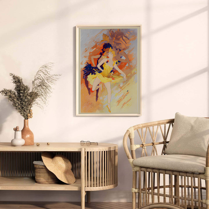 Vintage European graphic print La Danse with Impressionist background brushwork by artist Jules Chéret set in Paris France. MapYourDreams offers versatile framed, unframed, and canvas print wall decor formats.