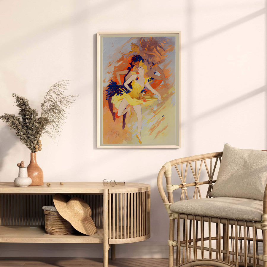 Vintage European graphic print La Danse with Impressionist background brushwork by artist Jules Chéret set in Paris France. MapYourDreams offers versatile framed, unframed, and canvas print wall decor formats.