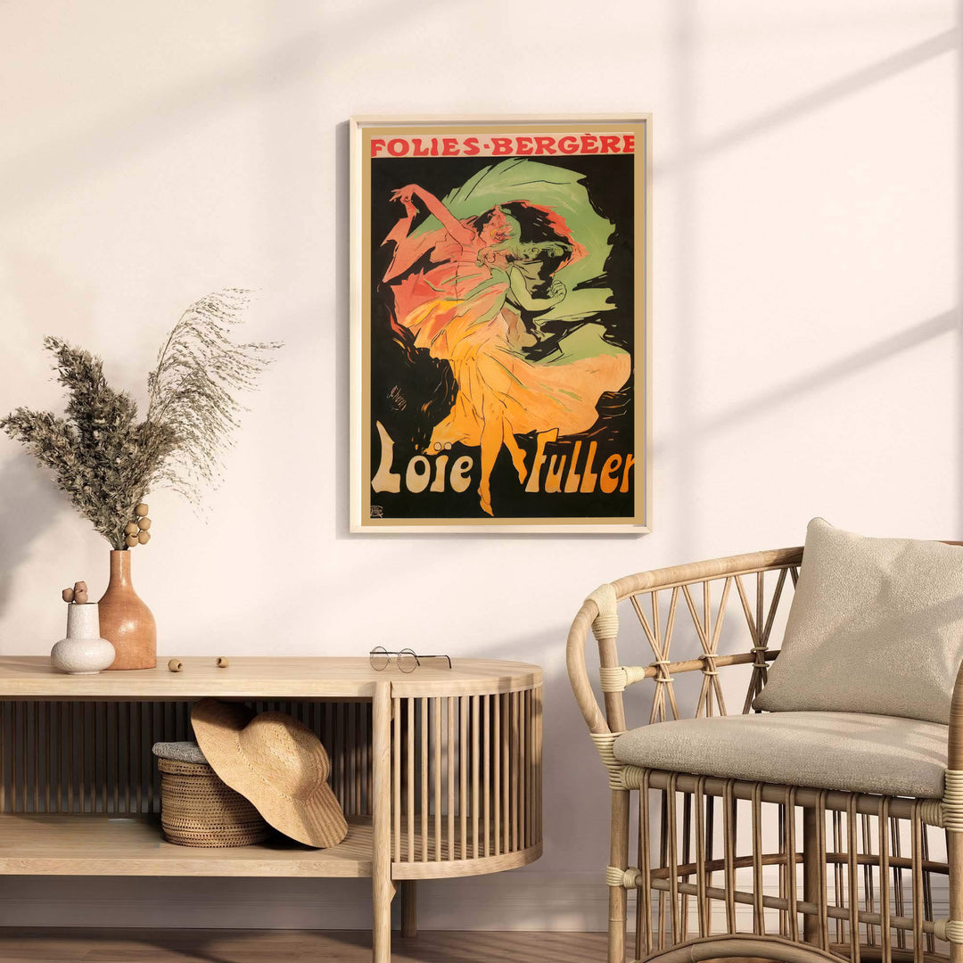 Parisian cabaret poster print Loïe Fuller Folies Bergère by artist Jules Chéret displaying bold vintage theater typography in Paris France. MapYourDreams provides premium framed, unframed, and canvas prints.