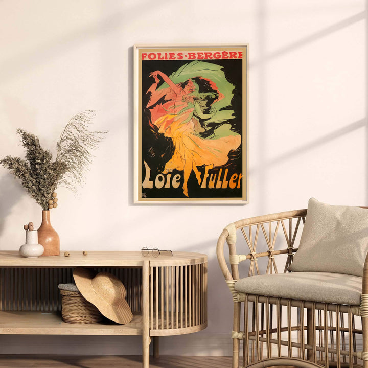 Parisian cabaret poster print Loïe Fuller Folies Bergère by artist Jules Chéret displaying bold vintage theater typography in Paris France. MapYourDreams provides premium framed, unframed, and canvas prints.