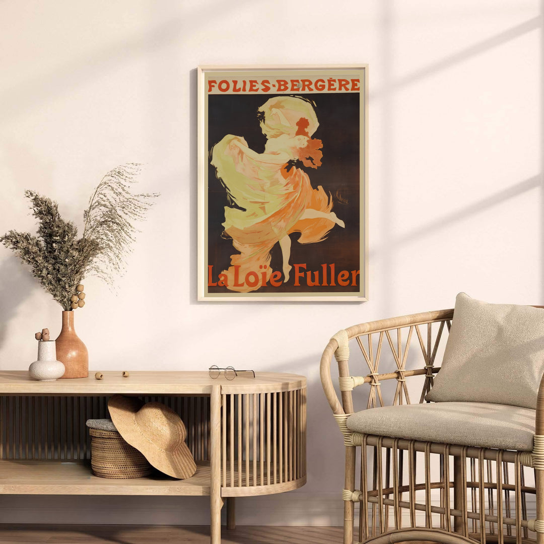 Parisian cabaret poster print La Loïe Fuller Folies Bergère by artist Jules Chéret displaying bold vintage theater typography in Paris France. MapYourDreams provides premium framed, unframed, and canvas prints.