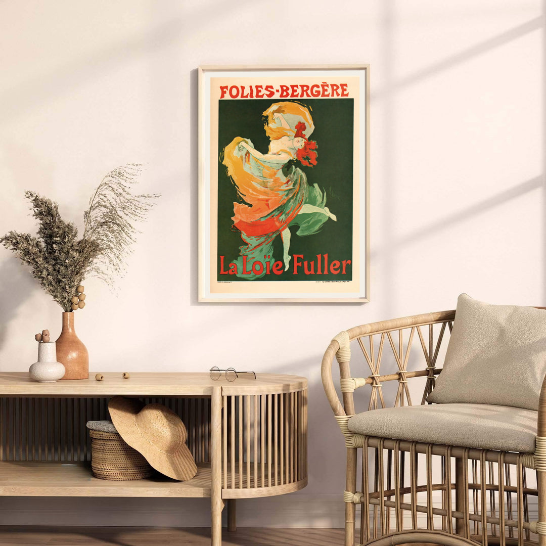 Parisian cabaret poster print Folies Bergère La Loïe Fuller by artist Jules Chéret displaying bold vintage theater typography in Paris France. MapYourDreams provides premium framed, unframed, and canvas prints.