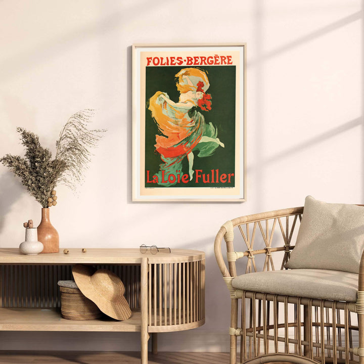 Parisian cabaret poster print Folies Bergère La Loïe Fuller by artist Jules Chéret displaying bold vintage theater typography in Paris France. MapYourDreams provides premium framed, unframed, and canvas prints.