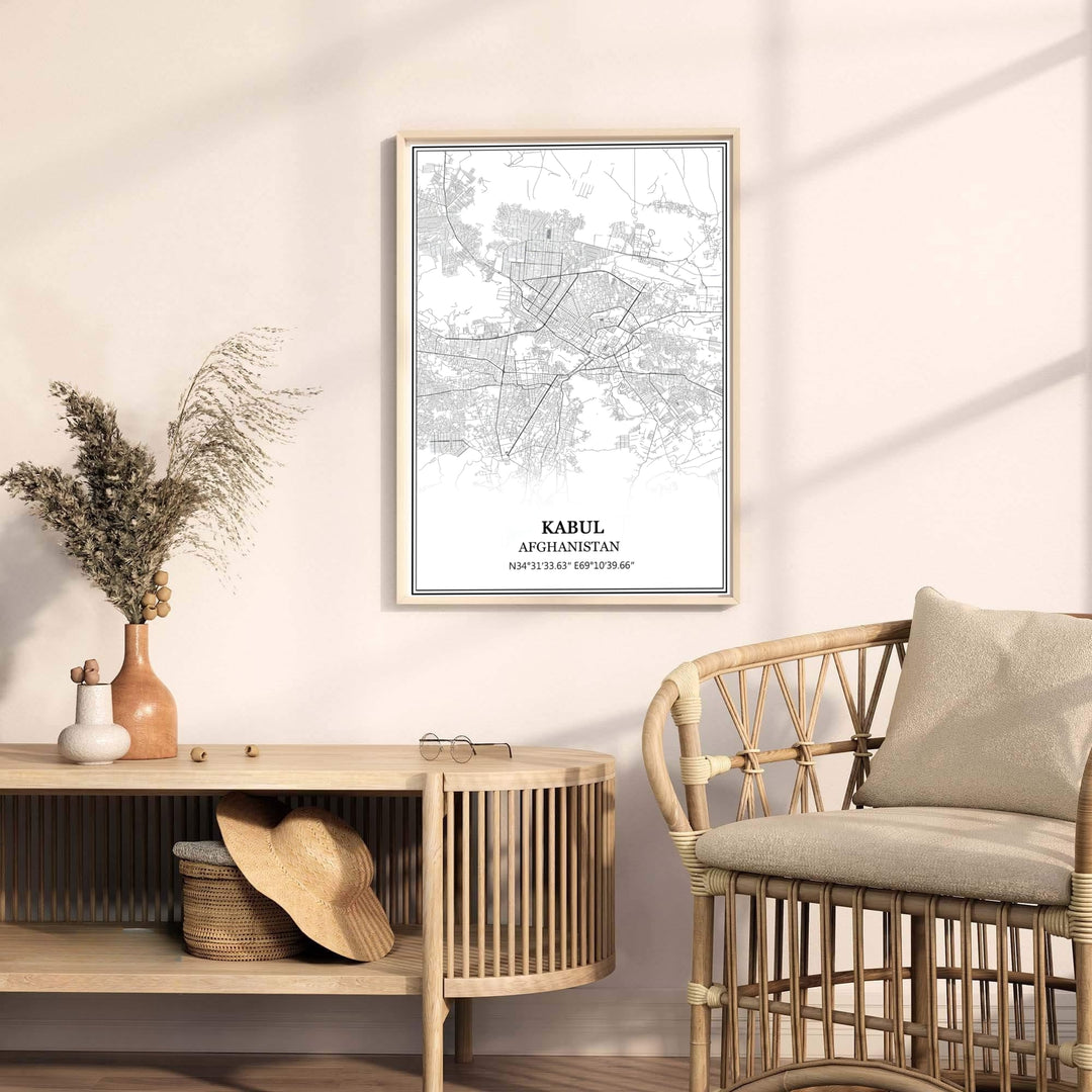 Minimalist vector art print of Kabul Afghanistan displaying city street maps and geographic coordinates in black ink, available from MapYourDreams as an unframed art print, stretched canvas wall art, or custom framed poster in natural wood moulding for home decor.