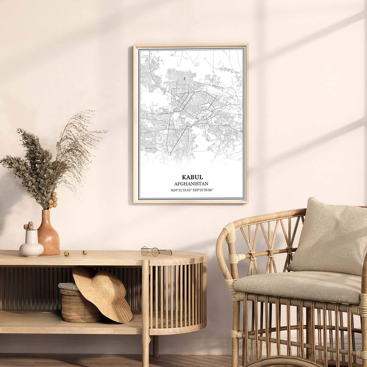 Minimalist vector art print of Kabul Afghanistan displaying city street maps and geographic coordinates in black ink, available from MapYourDreams as an unframed art print, stretched canvas wall art, or custom framed poster in natural wood moulding for home decor.
