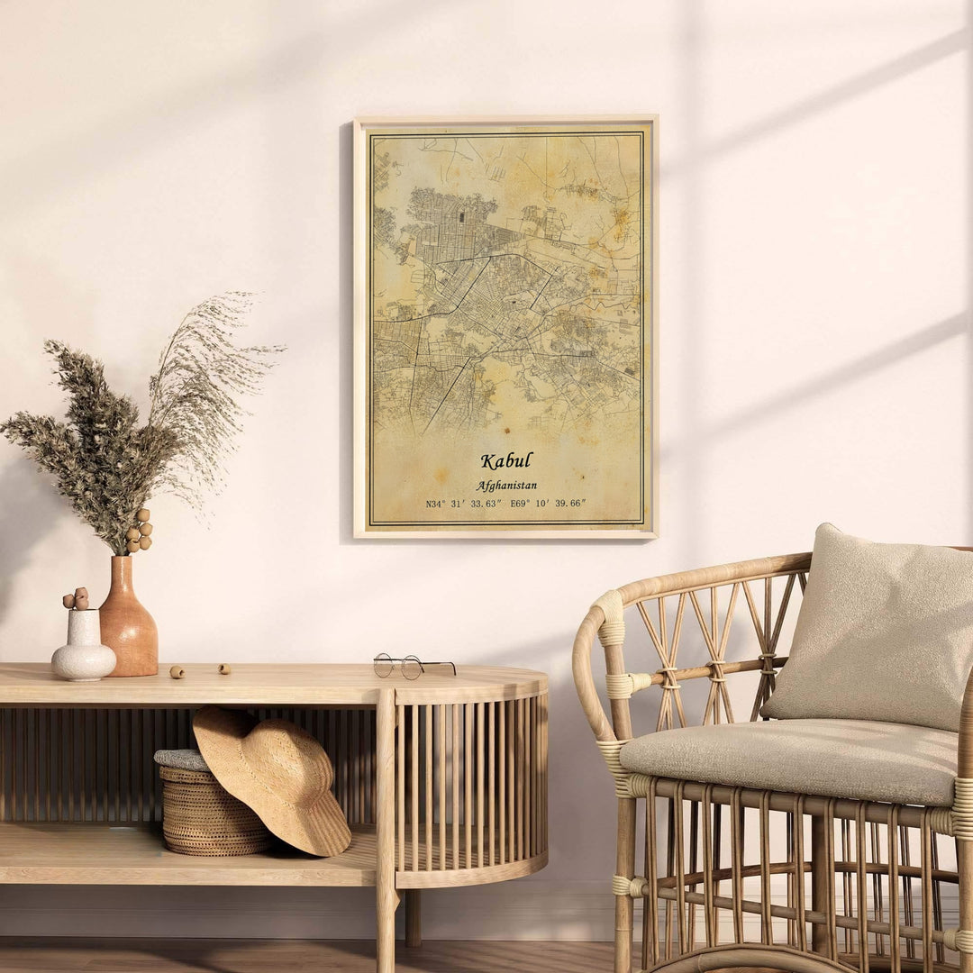 Antique vector art print of Kabul Afghanistan displaying city street maps and valley geography on distressed paper, available from MapYourDreams as an unframed art print, stretched canvas wall art, or custom framed poster in natural wood moulding for home decor.
