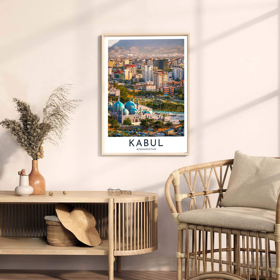 Fine photography art print of Kabul Afghanistan featuring vibrant urban cityscapes and dramatic alpine mountain lines, available at MapYourDreams as an unframed art print, stretched canvas wall art, or custom framed poster in natural wood moulding for rustic living spaces.