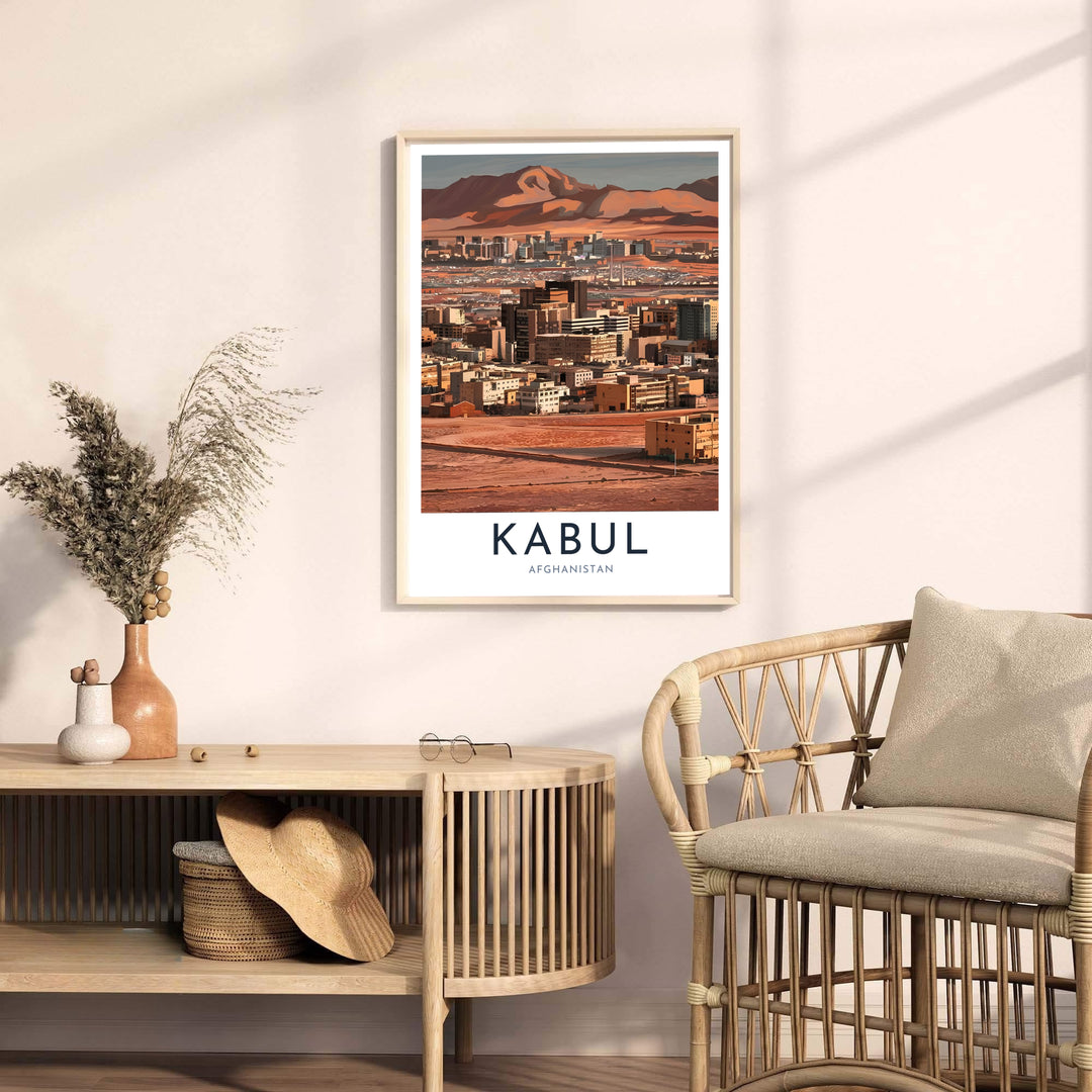 Exhibition poster of Kabul Afghanistan featuring modern city buildings nestled against dusty peach mountains, crafted by MapYourDreams as an unframed poster, gallery wrapped canvas print, or custom framed print in retro black and retro white frames for modern lounge areas.