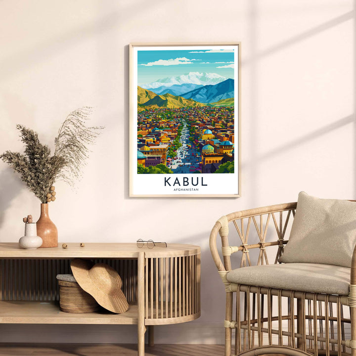 Illustrated travel art print of Kabul Afghanistan featuring vibrant street scenes and dramatic Hindu Kush mountain lines, available at MapYourDreams as an unframed art print, stretched canvas wall art, or custom framed poster in natural wood moulding for rustic lounge spaces.