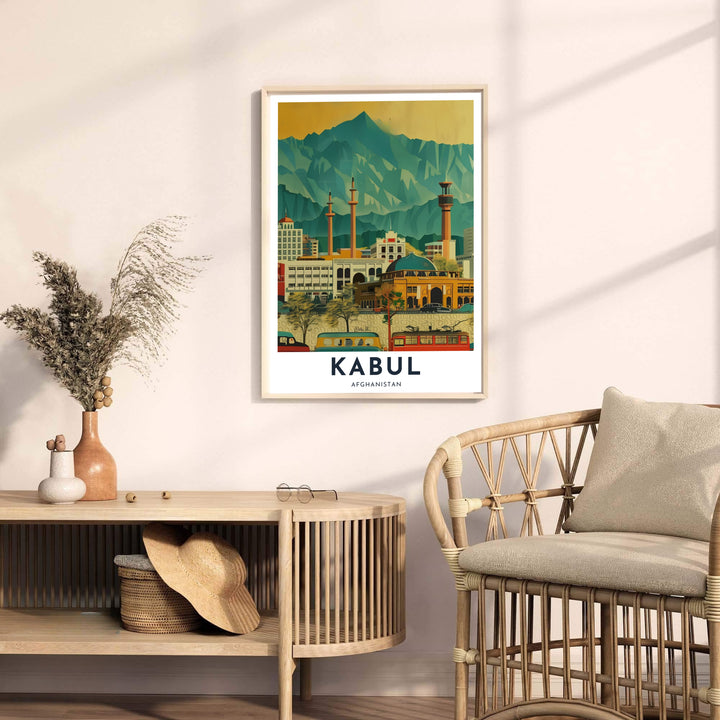Vintage cityscape poster of retro Kabul Afghanistan cityscape poster featuring historical mosque architecture nestled below majestic mountains, crafted by MapYourDreams as an unframed poster, gallery wrapped canvas print, or custom framed print in retro black and retro white frames for lounge areas.