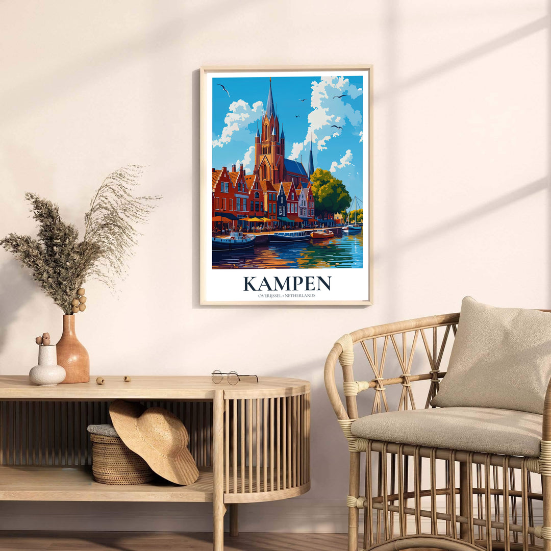 Fine art vector print detailing Kampen Overijssel Netherlands church spires and vibrant red brick merchant buildings, available from MapYourDreams with choices including unframed paper prints, stretched gallery canvas, or a tailored custom framed wall display for study spaces.