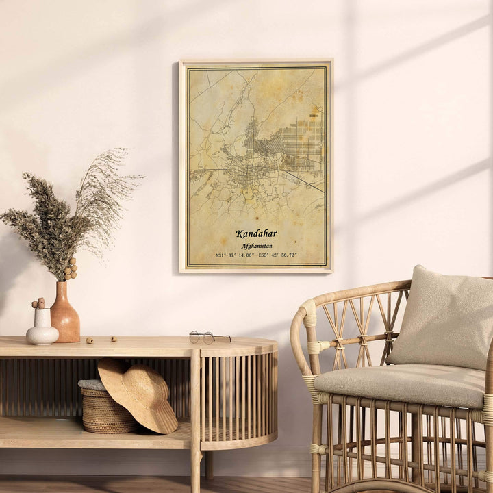 Antique cityscape map art print featuring the city road layout, latitude longitude text, and vintage borders of Kandahar, Afghanistan. Available at MapYourDreams as an unframed art print, a stretched canvas wall art piece, or a custom framed poster in natural wood moulding for library wall decor.