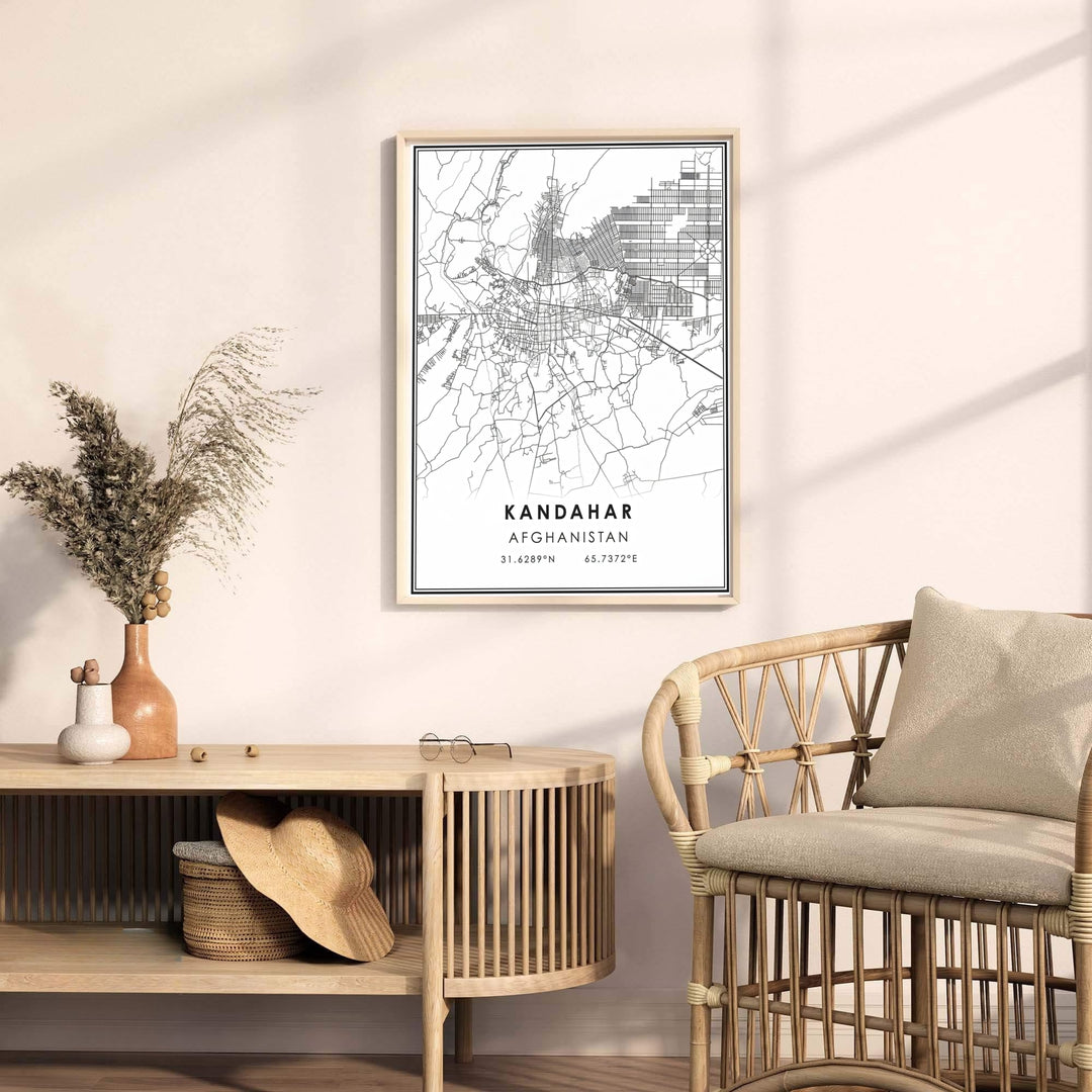 Minimalist urban road print of Kandahar, Afghanistan, showcasing clean street layouts, historical pathways, and sharp contrast lettering. Presented by MapYourDreams as an unframed paper print, a gallery canvas wall decor piece, or a custom framed wall art item in grey and black frame options.
