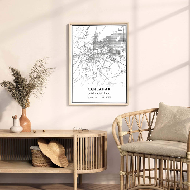 Minimalist urban road print of Kandahar, Afghanistan, showcasing clean street layouts, historical pathways, and sharp contrast lettering. Presented by MapYourDreams as an unframed paper print, a gallery canvas wall decor piece, or a custom framed wall art item in grey and black frame options.
