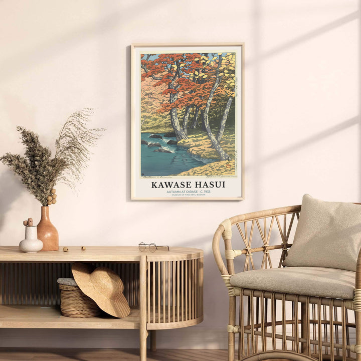 Traditional Japanese woodblock landscape print Autumn at Oirase by artist Kawase Hasui displaying detailed tree branches at Oirase Mountain Stream. MapYourDreams provides premium framed, unframed, and canvas prints.