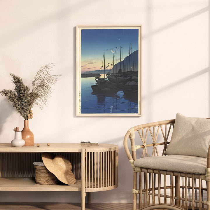 Traditional Japanese woodblock harbor print Morning in Beppu by artist Kawase Hasui displaying detailed boat rigging at Morning in Beppu. MapYourDreams provides premium framed, unframed, and canvas prints.
