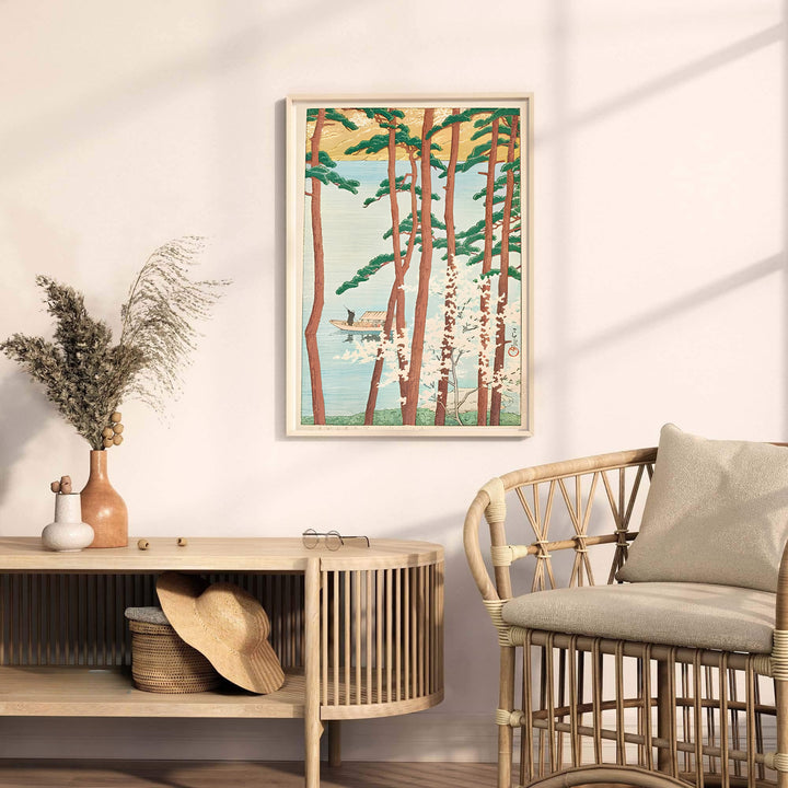 Traditional Japanese woodblock blossom print Spring at Arashiyama Kyoto by artist Kawase Hasui displaying detailed pine tree bark at Spring at Arashiyama Kyoto. MapYourDreams provides premium framed, unframed, and canvas prints.
