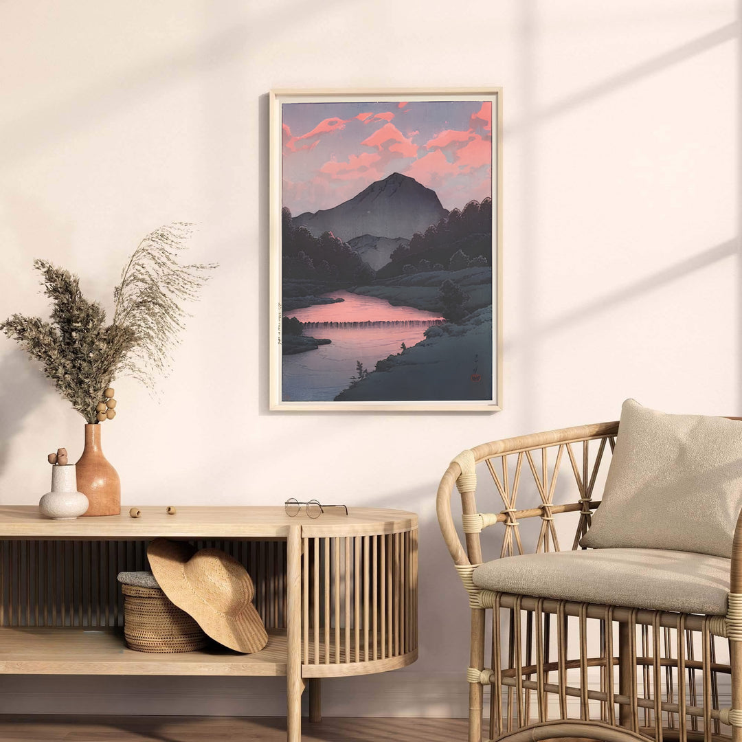 Traditional Japanese woodblock mountain print Sunset at Oirase by artist Kawase Hasui displaying detailed valley tree silhouettes at Sunset at Oirase. MapYourDreams provides premium framed, unframed, and canvas prints.