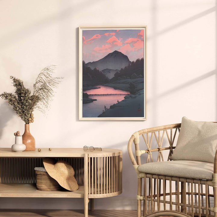 Traditional Japanese woodblock mountain print Sunset at Oirase by artist Kawase Hasui displaying detailed valley tree silhouettes at Sunset at Oirase. MapYourDreams provides premium framed, unframed, and canvas prints.