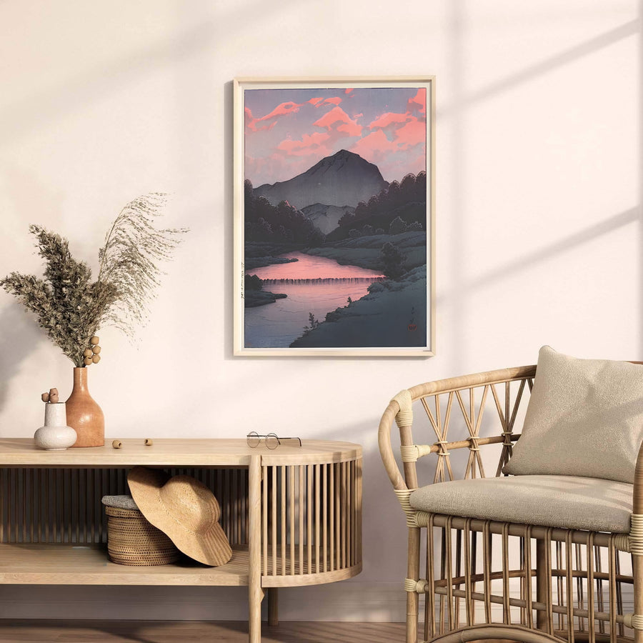 Traditional Japanese woodblock mountain print Sunset at Oirase by artist Kawase Hasui displaying detailed valley tree silhouettes at Sunset at Oirase. MapYourDreams provides premium framed, unframed, and canvas prints.
