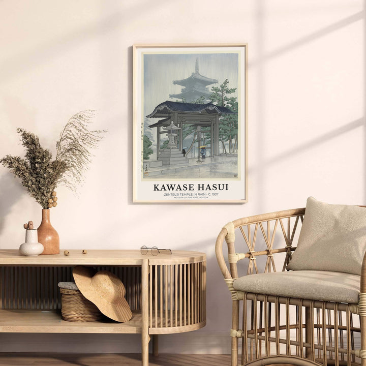 Traditional Japanese woodblock pagoda print Zentsuji Temple by artist Kawase Hasui displaying detailed stone lantern carving at Zentsuji Temple. MapYourDreams provides premium framed, unframed, and canvas prints.