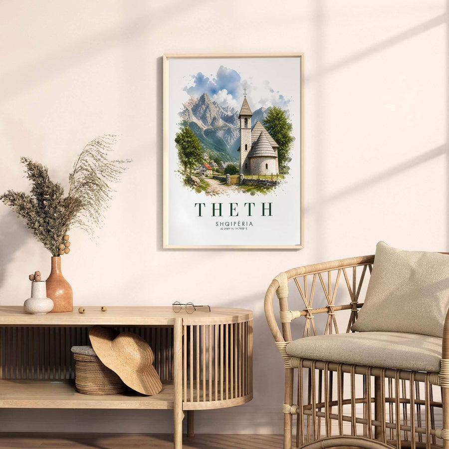 Looking past the traditional wooden gate toward the historic Church of Theth, this art print celebrates Albanian mountain heritage and natural beauty. Select your preferred format, such as unframed fine art paper, a custom wood frame, or a gallery canvas wrap.