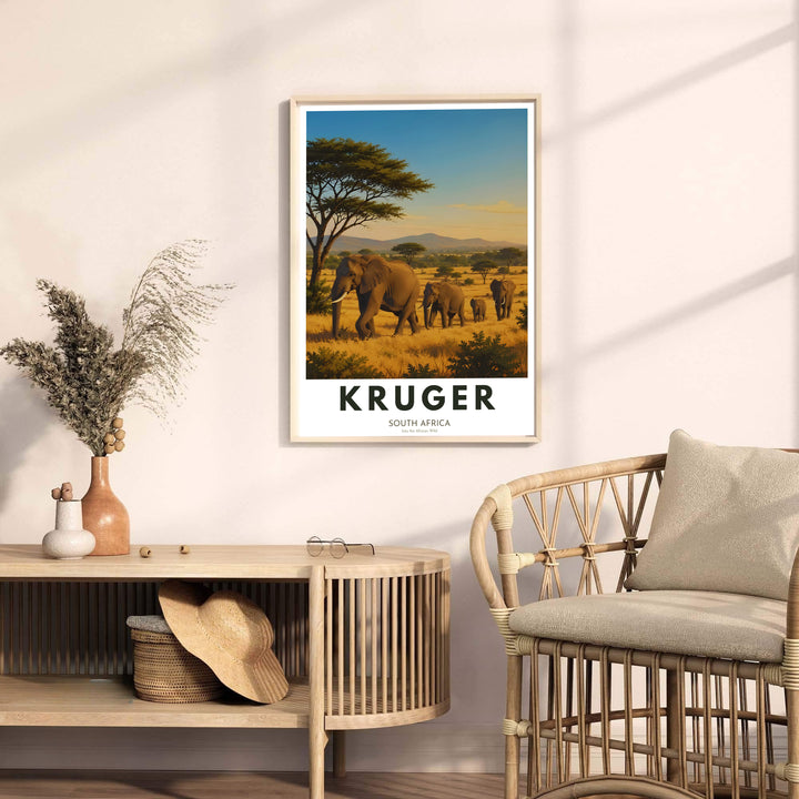 Kruger National Park safari illustration highlighting golden wild grass, acacia trees, and wild elephants on display. Offered by MapYourDreams, this artwork is available in flexible options including unframed paper, custom wooden frames, and gallery canvas choices for sophisticated interiors.