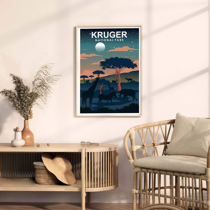Kruger safari night art print capturing the quiet evening serenity of South Africa with towering giraffes and elephants under moonlight. Offered by MapYourDreams, this artwork is available in flexible options including unframed paper, custom wooden frames, and gallery canvas wraps for tailored home wall decor setups.