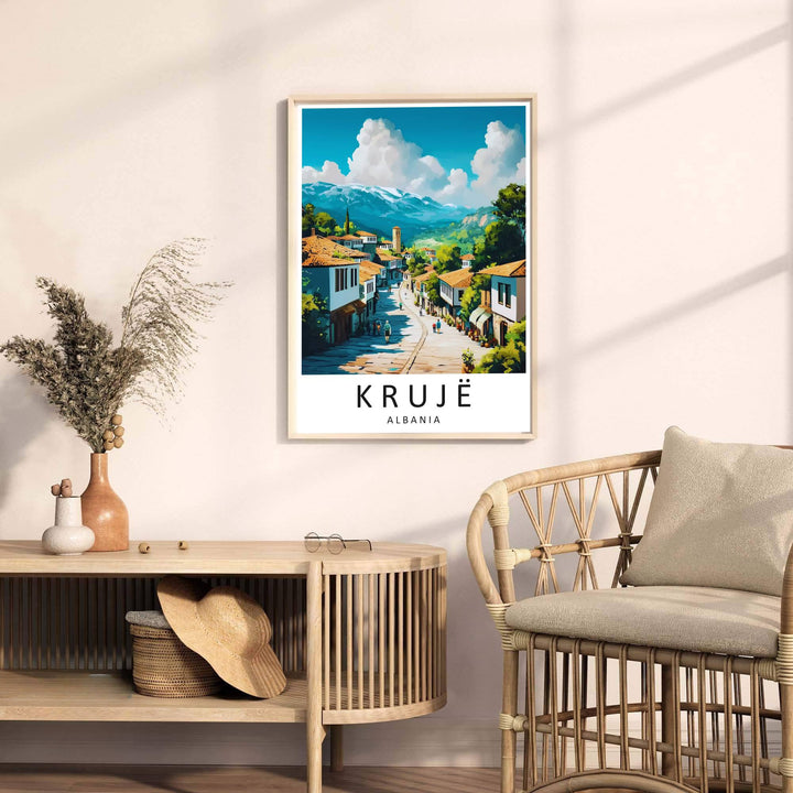 Looking past traditional Ottoman storefronts toward rolling mountain ridges, this Krujë art print celebrates Albanian heritage and highland vistas. Select your preferred format, such as unframed fine art paper, a custom wood frame, or a gallery canvas wrap.