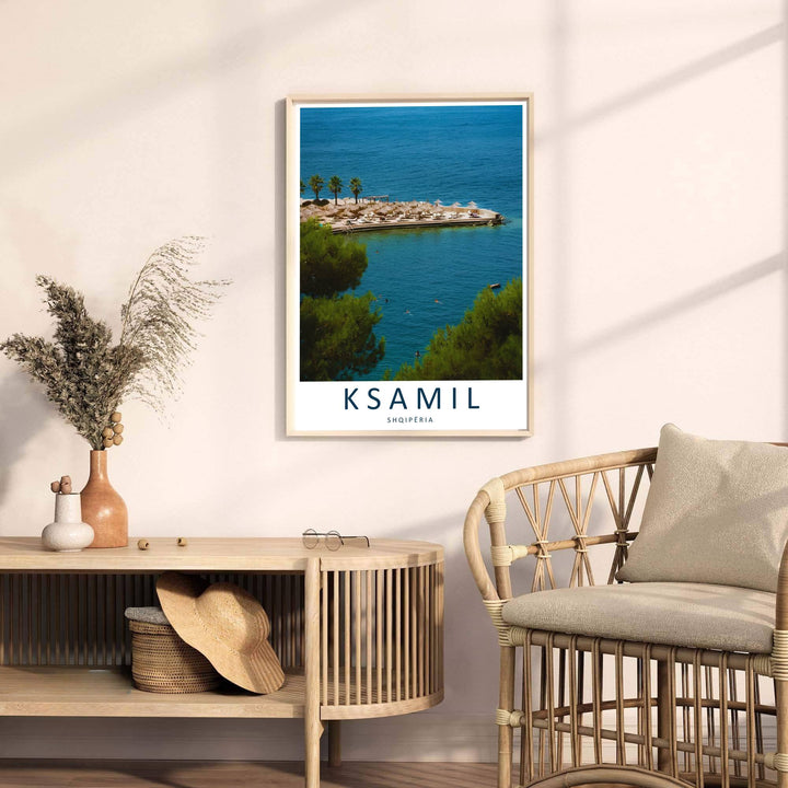 Looking past green pine branches toward rolling coastal waters, this Ksamil art print celebrates Albanian Riviera summer heritage and blue seas. Select your preferred format, such as unframed fine art paper, a custom wood frame, or a gallery canvas wrap.