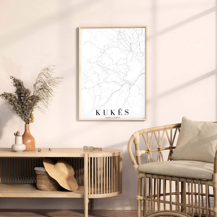 Minimalist street lines form a beautiful abstract geometric pattern in this road map poster of Kukës, Albania. MapYourDreams provides flexible choices like unframed archival paper, custom frames in various finishes, and stretched canvas.