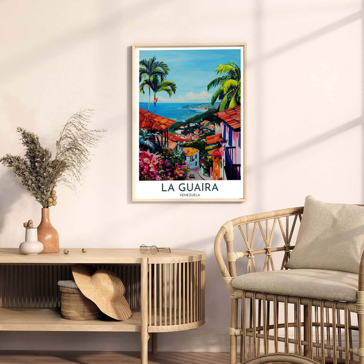 Contemporary travel poster capturing the tropical coastal aesthetic of La Guaira for bohemian and Mediterranean interior spaces. A fine offering from MapYourDreams, choose between flexible product formats like borderless paper, custom wooden frames, or canvas wraps.