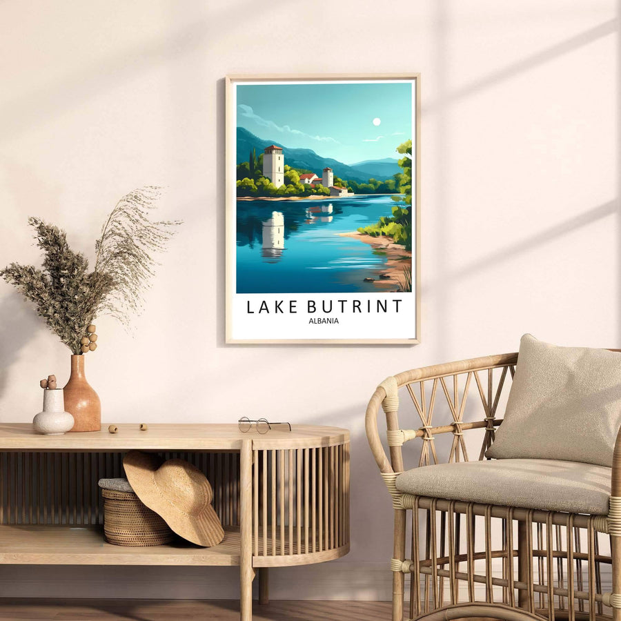 Looking past green cypress trees toward rolling coastal hills, this Lake Butrint art print celebrates Albanian heritage and ancient ruins. Select your preferred format, such as unframed fine art paper, a custom wood frame, or a gallery canvas wrap.