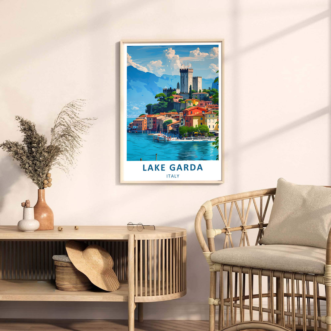 Elegant wall decor showing the waterfront promenade and medieval castle of Malcesine on Lake Garda, Italy, bringing Mediterranean warmth to your walls; available for your room layout as a gallery canvas print, custom framed wall presentation, or standalone unframed print.