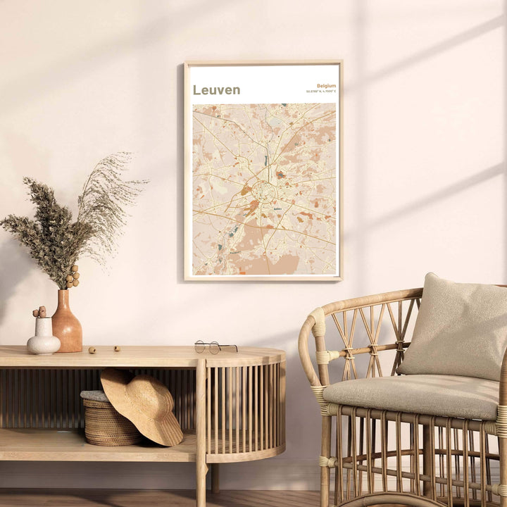 Contemporary earth tone cartography poster illustrating the radial road system of Leuven, Belgium. Offered by MapYourDreams, this artwork is available in flexible options including unframed paper, custom wooden frames, and gallery canvas wraps.