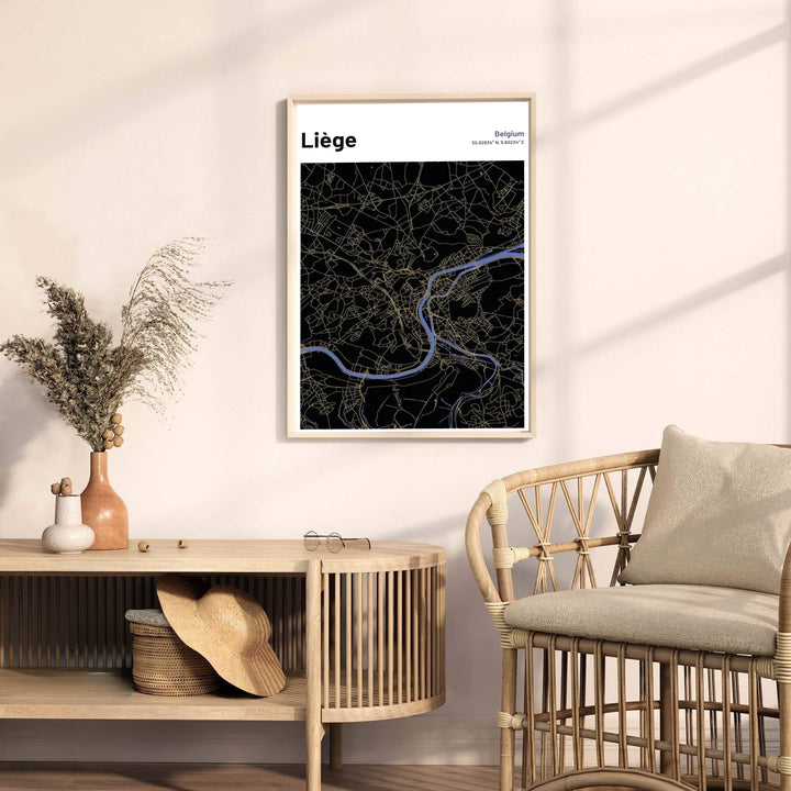 Contemporary dark theme cartography poster illustrating the river valley road system of Liège, Belgium. Offered by MapYourDreams, this artwork is available in flexible options including unframed paper, custom wooden frames, and gallery canvas wraps.