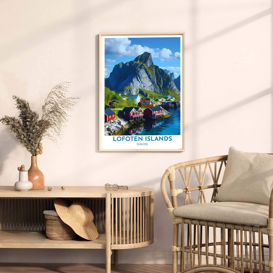 Fine art travel poster of Hamnoy Lofoten Islands with headline reading LOFOTEN ISLANDS and subtitle reading EUROPE. Released by MapYourDreams, this artwork is available in flexible options including unframed paper, custom wooden frames, and gallery canvas wraps for home wall art.
