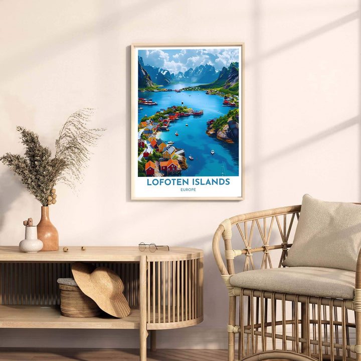 Fine art travel poster of Henningsvaer Lofoten Islands with headline reading LOFOTEN ISLANDS and subtitle reading EUROPE. Released by MapYourDreams, this artwork is available in flexible options including unframed paper, custom wooden frames, and gallery canvas wraps for home wall art.