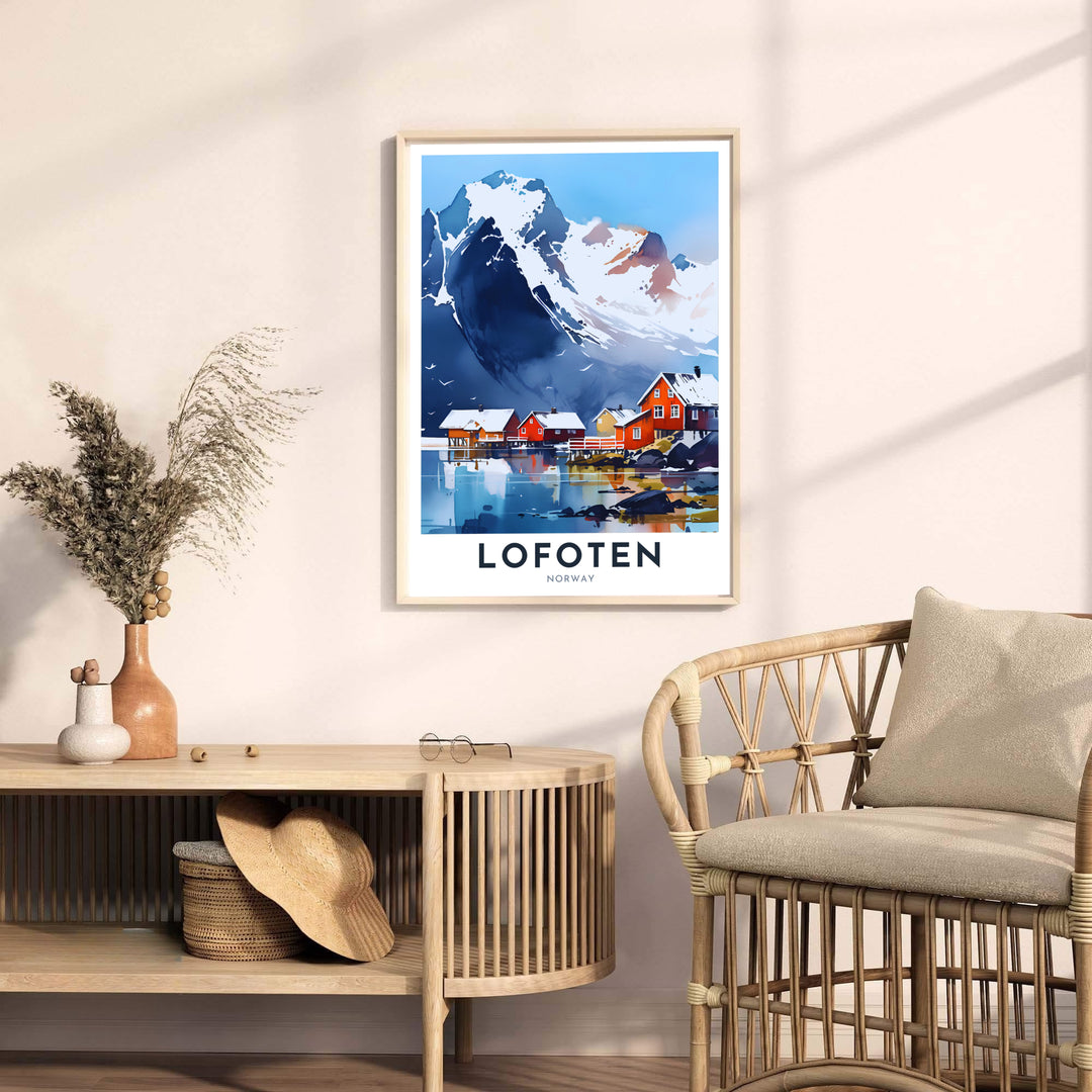 Atmospheric watercolor painting of Lofoten Norway capturing the scale of Arctic mountains and traditional red wooden cabins. Upgrade your living space styling with this travel artwork available across several physical formats such as unframed paper prints, protective framed designs, and gallery wrap canvas prints.