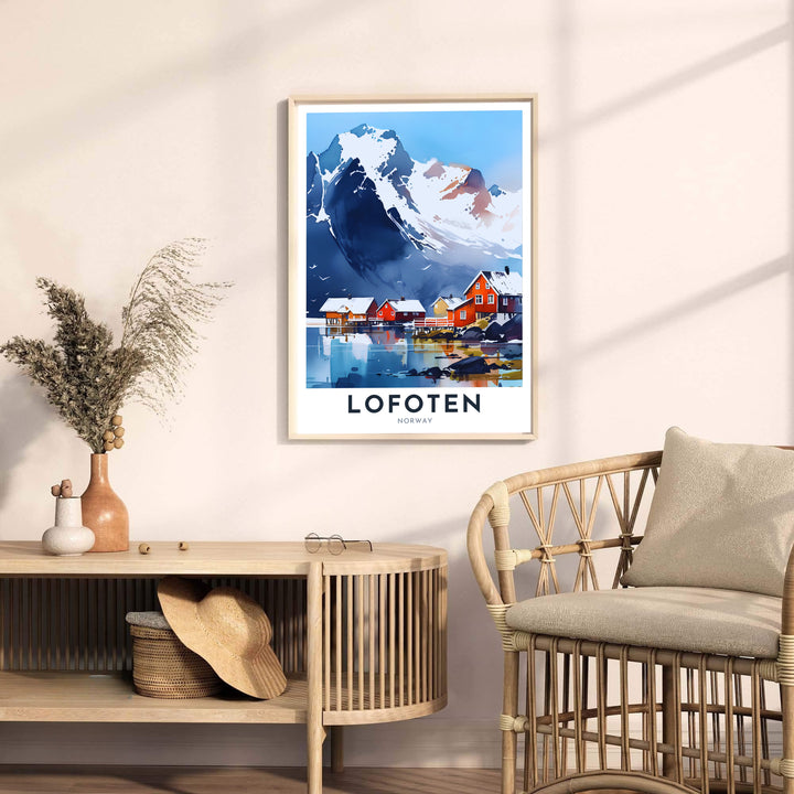 Atmospheric watercolor painting of Lofoten Norway capturing the scale of Arctic mountains and traditional red wooden cabins. Upgrade your living space styling with this travel artwork available across several physical formats such as unframed paper prints, protective framed designs, and gallery wrap canvas prints.