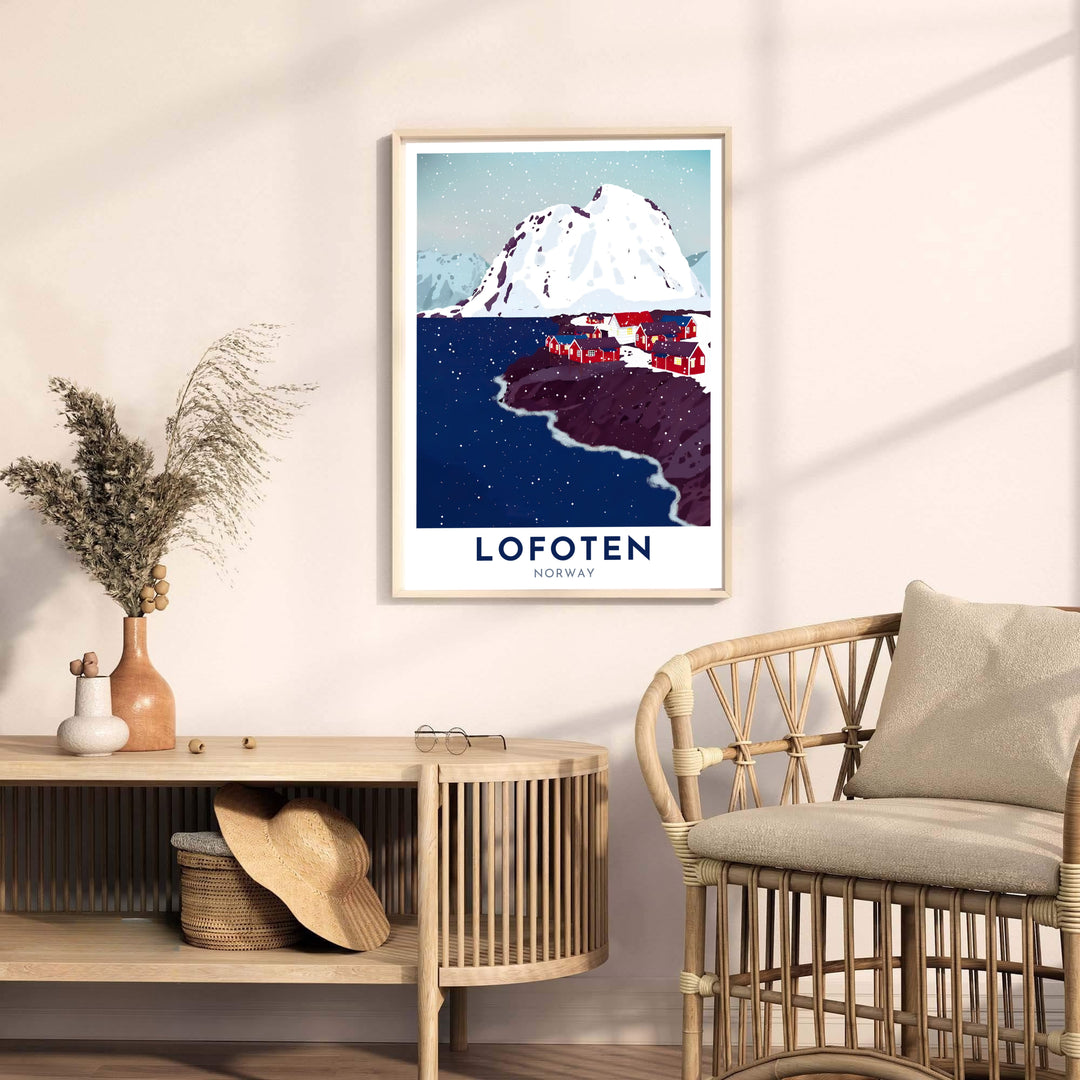 Atmospheric winter illustration of Lofoten Norway capturing the massive scale of Arctic mountains and traditional red wooden dwellings. Elevate your living space styling with this travel artwork available across several physical formats such as unframed paper prints, protective framed designs, and gallery wrap canvas prints.