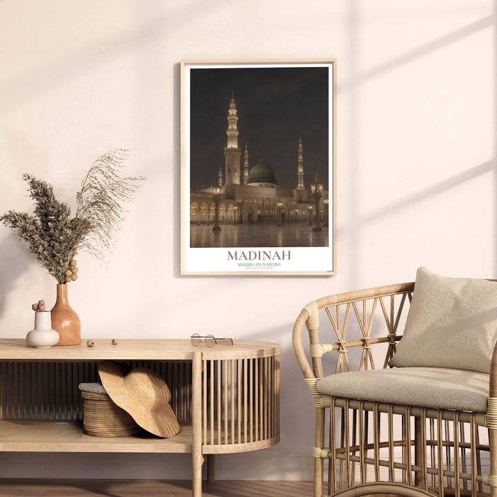 Fine art night photo poster of Al Masjid an Nabawi with headline reading MADINAH and subtitle reading MASJID AN-NABAWI SAUDI ARABIA. Released by MapYourDreams, this artwork is available in flexible options including unframed paper, custom wooden frames, and gallery canvas wraps for home wall art.