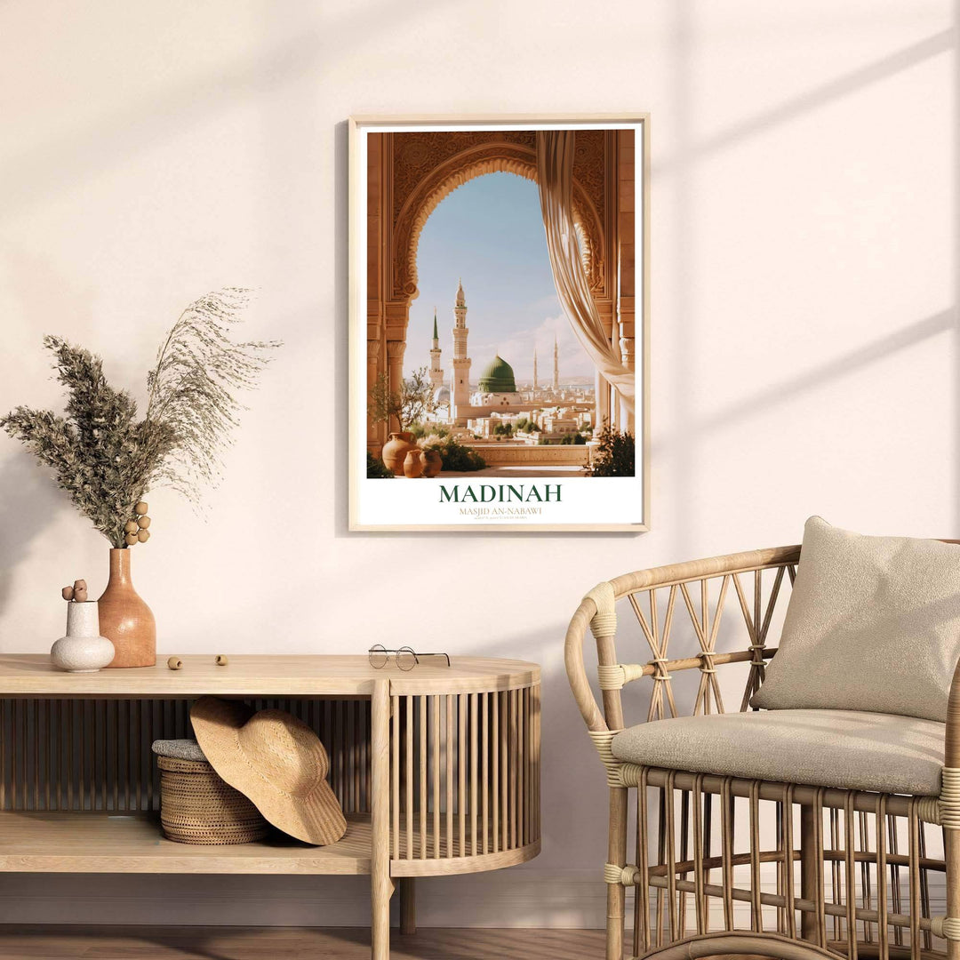 Fine art arch photo poster of Al Masjid an Nabawi with headline reading MADINAH and subtitle reading MASJID AN-NABAWI SAUDI ARABIA. Released by MapYourDreams, this artwork is available in flexible options including unframed paper, custom wooden frames, and gallery canvas wraps for home wall art.