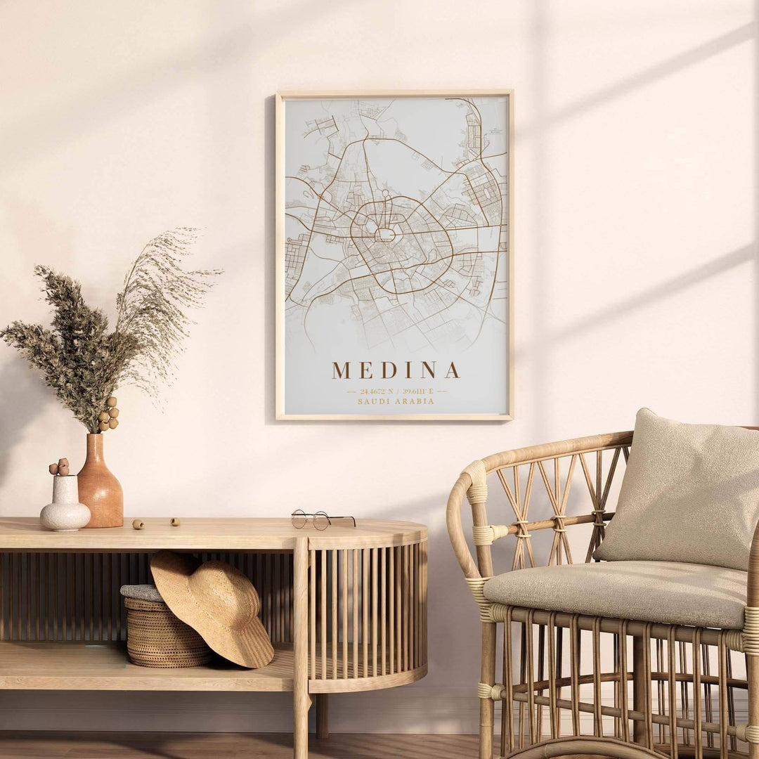 Fine art map poster of Medina Saudi Arabia with headline reading MEDINA and geographic coordinates text at the bottom. Released by MapYourDreams, this artwork is available in flexible options including unframed paper, custom wooden frames, and gallery canvas wraps for home wall art.
